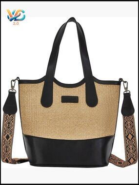 Straw & Vegan Leather Bucket Bag Crossbody Top Handle Tote for Women